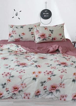 Белое постельное  с цветами 1,5-спальный комплект с компаньоном из ранфорса r4530