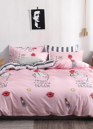Двуспальное постельное белье сатин люкс с компаньоном  розовое s4162 фото