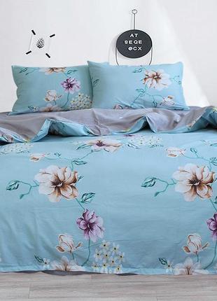 2х спальное постельное белье люкс сатин 200x215 см голубое с цветами компаньон s486