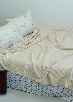 Летний набор постельное белье с покрывалом пике детский котики  турция бежевый полоска