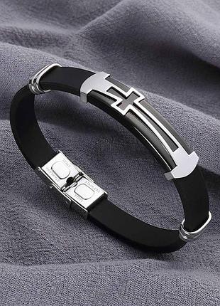 Мужской силиконовый браслет с крестом серебристый
