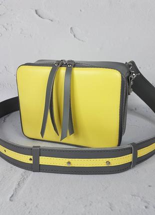 Сумка жіноча натуральна шкіра, жовта/сіра з широким ременем