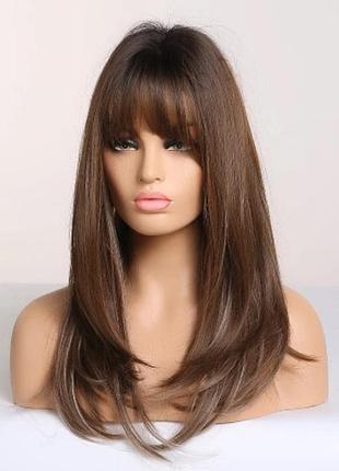 Парик средней длинны, парик коричневый с челкой, парик брюнетка