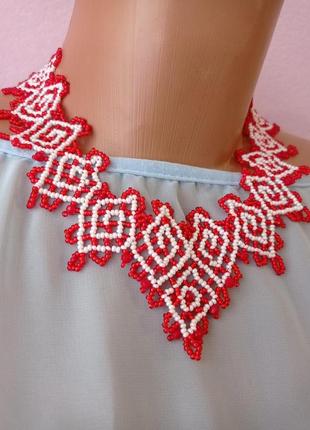 Женское украшение   колье - силянка з чешского  бисеру красная с белым4 фото