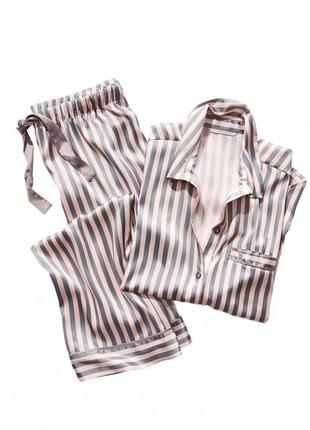 Пижама женская шелковая в полоску victoria's secret. пижама женская полосатая vs, р. m (розовая с серым)5 фото