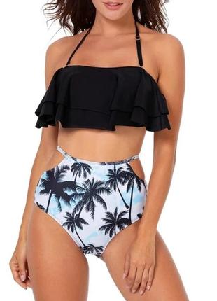 Роздільний купальник жіночий із воланам красивий купальник з високою талією, розмір m (чорно-білий)