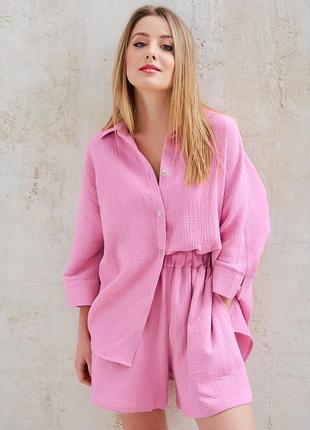 Піжама жіноча бавовняна. костюм жіночий річний муслиновый жатка з шортами, розмір l (рожевий)