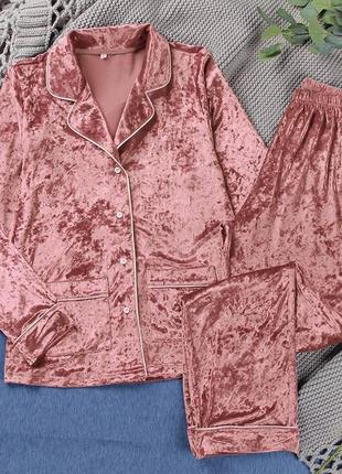 Женская пижама теплая велюровая с длинным рукавом. теплая пижама бархатная плюшевая , р. l (розовая)1 фото