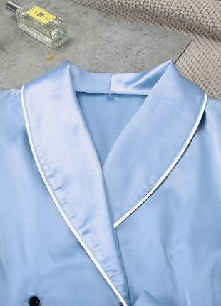 Пижама женская атласная с поясом. комплект шелковый для дома, сна с длинным рукавом, р. l (голубой)9 фото