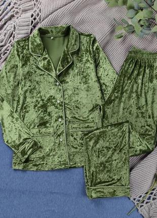 Жіноча піжама тепла велюрова з довгим рукавом. тепла піжама оксамитова плюшева , р. l (зелена)