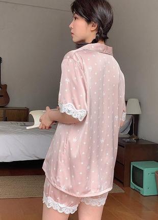 Шовкова піжама жіноча з кружевом. піжама жіноча сатинова з коротким рукавом і шортами, розмір l (рожева)10 фото
