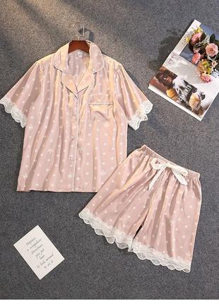 Шовкова піжама жіноча з кружевом. піжама жіноча сатинова з коротким рукавом і шортами, розмір l (рожева)2 фото