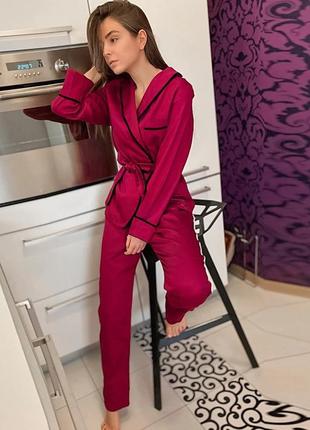 Пижама женская атласная на запах. комплект шелковый для дома, сна с длинным рукавом, р. m (бордовый)