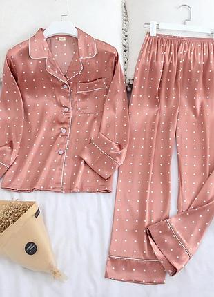Піжама жіноча сатинова в горошок. комплект атласний для дому, сну з довгим рукавом, р. xl (рожевий)