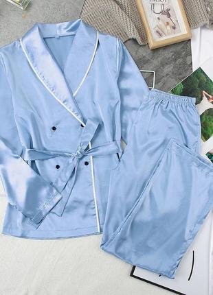 Пижама женская атласная с поясом. комплект шелковый для дома, сна с длинным рукавом, р. m (голубой)2 фото