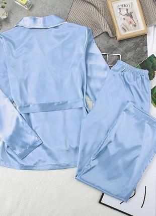 Пижама женская атласная с поясом. комплект шелковый для дома, сна с длинным рукавом, р. m (голубой)5 фото