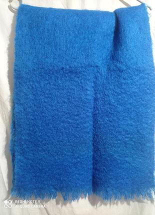 Мохеровый шерстяной широкий толстый теплый синий шарф мохер козья шерсть5 фото