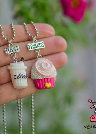 Кулон парный для друзей "best friends. coffee.cupcake". цена за 1 пару