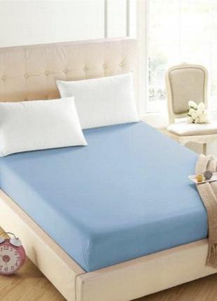 Простынь на резинке для двуспальной кровати байковая теплая качественная фланель голубая 180х200 см 30 см