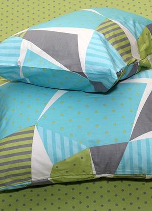 2-х спальний комплект постільної білизни, україна, тканина сатин люкс, геометрія, зелений, бірюза з компаньйоном5 фото