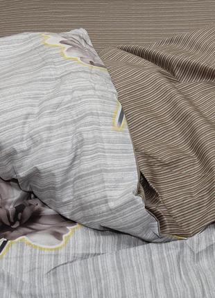 2-х спальный комплект постельного белья, украина, ткань сатин люкс, цветы, полоска,светло-серый с компаньоном4 фото