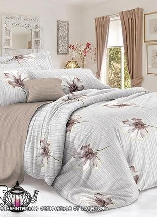 2-х спальный комплект постельного белья, украина, ткань сатин люкс, цветы, полоска,светло-серый с компаньоном2 фото