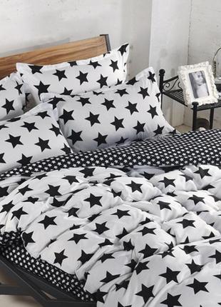Семейный комплект постельного белья, украина, ткань сатин люкс, звезды, белый с компаньоном3 фото