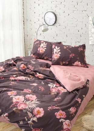 Семейный комплект постельного белья, украина, ткань сатин люкс, цветы, шоколадный с компаньоном