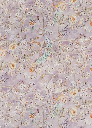 Декоративная ткань для портьер римских штор покрывал испания  цветы и птицы на светло-фиолетовом фоне2 фото