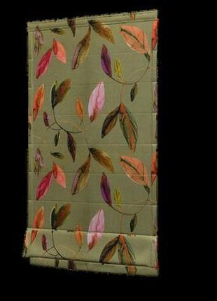 Декоративна тканина для портьєр римських штор, покривал іспанія різнобарвні листя на бежево-зеленому фоні3 фото