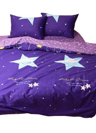 2-х спальный комплект постельного белья, украина, ткань сатин люкс, звезды, синий с компаньоном2 фото