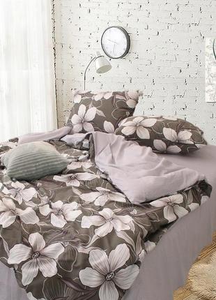2-х спальный комплект постельного белья, украина, ткань сатин люкс, крупные цветы, капучино с компаньоном1 фото