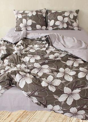 2-х спальный комплект постельного белья, украина, ткань сатин люкс, крупные цветы, капучино с компаньоном2 фото