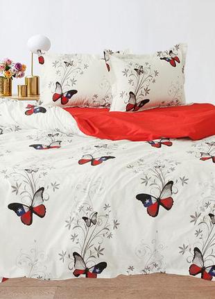 2-х спальний комплект постільної білизни, україна, тканина ранфорс-туреччина, метелики, молочний з компаньйоном1 фото
