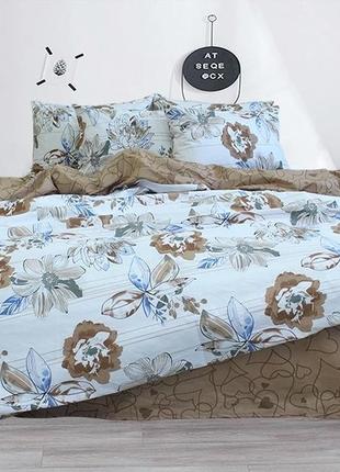 2-х спальный комплект постельного белья 100% хлопок крупные цветы капучино с белым с компаньоном r-v81651 фото