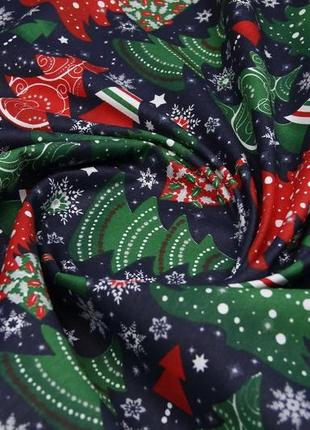 Новогодняя ткань, хлопок с тефлоном, для штор, скатертей, салфеток, турция, красно-зеленые елки на синем2 фото