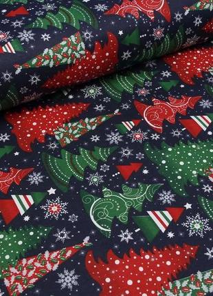 Новогодняя ткань, хлопок с тефлоном, для штор, скатертей, салфеток, турция, красно-зеленые елки на синем