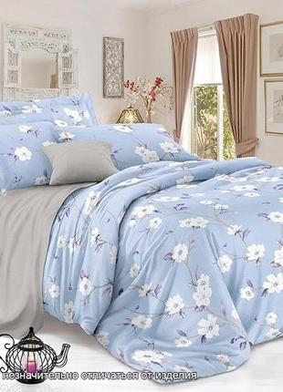2-х спальный комплект постельного белья, украина, ткань сатин люкс, цветы, бледно-голубой с компаньоном7 фото