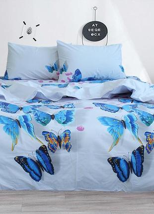 Евро комплект постельного белья, украина, ткань ранфорс, 100% хлопок, бабочки, голубой