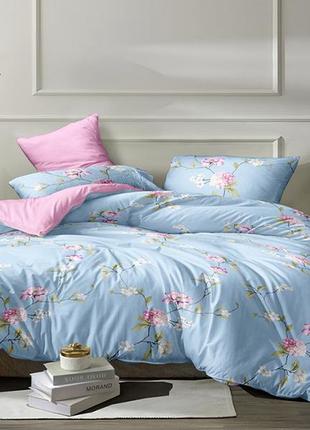 2-х спальный комплект постельного белья, украина, ткань сатин люкс, цветы, голубой с компаньоном