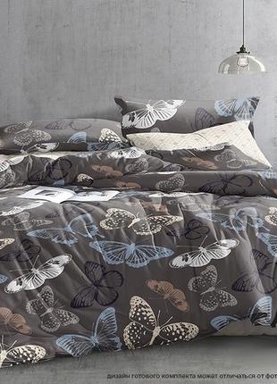 Евро комплект постельного белья, украина, ткань сатин люкс, бабочки, серо-коричневый с компаньоном