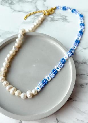 Намисто на шию блакитні ромашки з перлинами