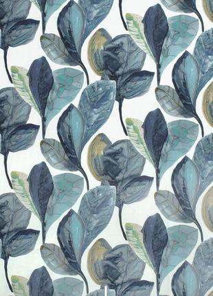 Декоративна тканина для портьєр римських штор, покривал іспанія сіро-сині листя на молочному тлі2 фото