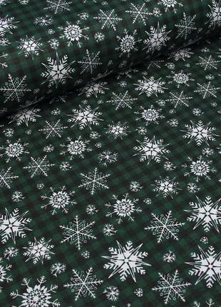 Новорічна тканина, бавовна з тефлоном, для штор, скатертин, серветок, туреччина, білі сніжинки на клітці зелений