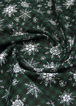 Новорічна тканина, бавовна з тефлоном, для штор, скатертин, серветок, туреччина, білі сніжинки на клітці зелений2 фото