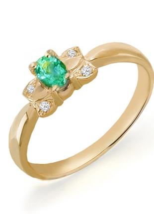 Золотое кольцо с изумрудом и бриллиантами 0,03 карат
