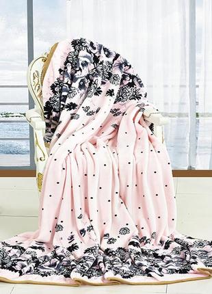 Плед-покрывало велсофт (микрофибра), размер 160х220 см, цветы светло-розовый с черным