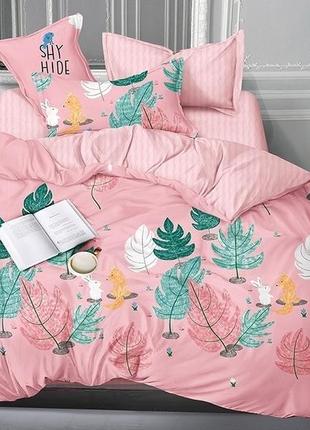 Евро комплект постельного белья, украина, ткань сатин люкс, листья, розовый с компаньоном
