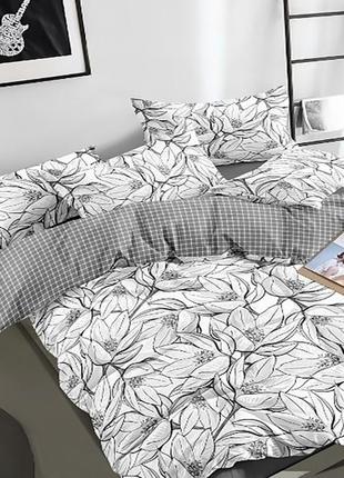 Евро комплект постельного белья, украина, ткань сатин люкс, цветы, бело-серый с компаньоном1 фото