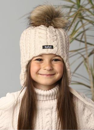 Тепла зимова шапка на зав'язках, шапочка на зиму з помпоном1 фото